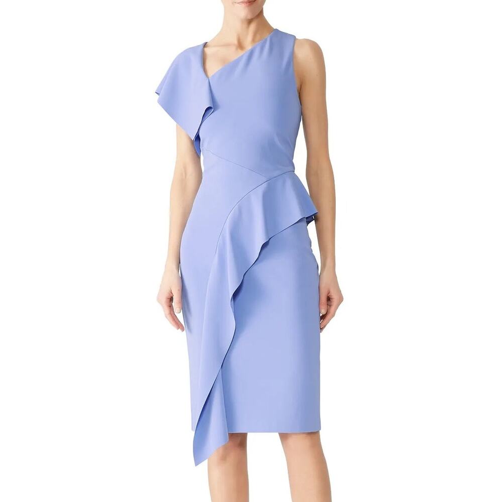 Parker Black Label Shara Periwinkle Blue Sleeveless Ruffle Midi Sheath Dress